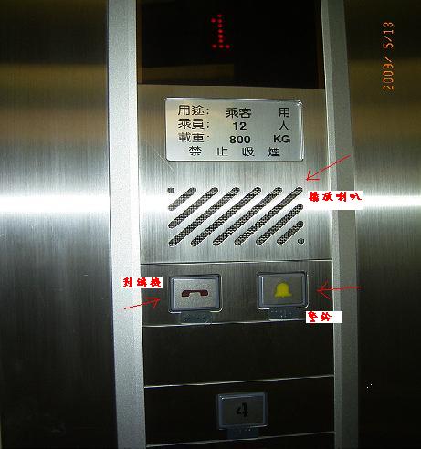 『電梯』內部清楚載明：可乘12人，載重800公斤，並設有對講機、語音播放系統及警鈴系統（如圖箭頭）。高度較低，適合乘坐輪椅者使用控制鍵。