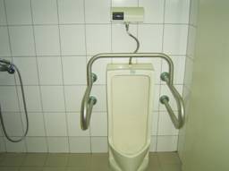 地下室內『殘障專用男廁所』，設有扶手